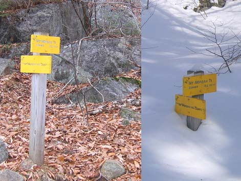 Trail sign comparison: October vs. February (photo by Mark Malnati)