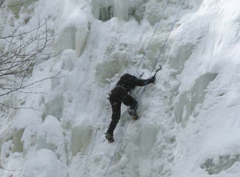 Ice climber on the frozen Arethusa Falls (photo by Mark Malnati)