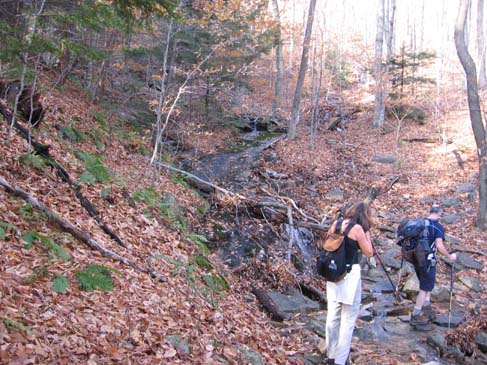 Claudette and Mark at a brook crossing (photo by Dennis Marchand)