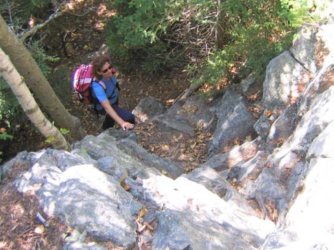 Ruth Ellen at the base of a rock scramble (photo by Mark Malnati)